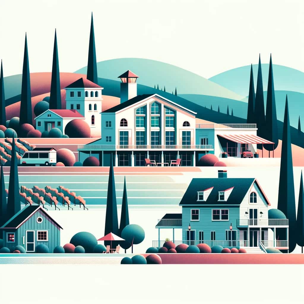 A minimalist landscape featuring geometric silhouettes of a hotel, bed and breakfast, cabin, and vacation rental set against rolling hills with vineyards, in bold, solid colors.