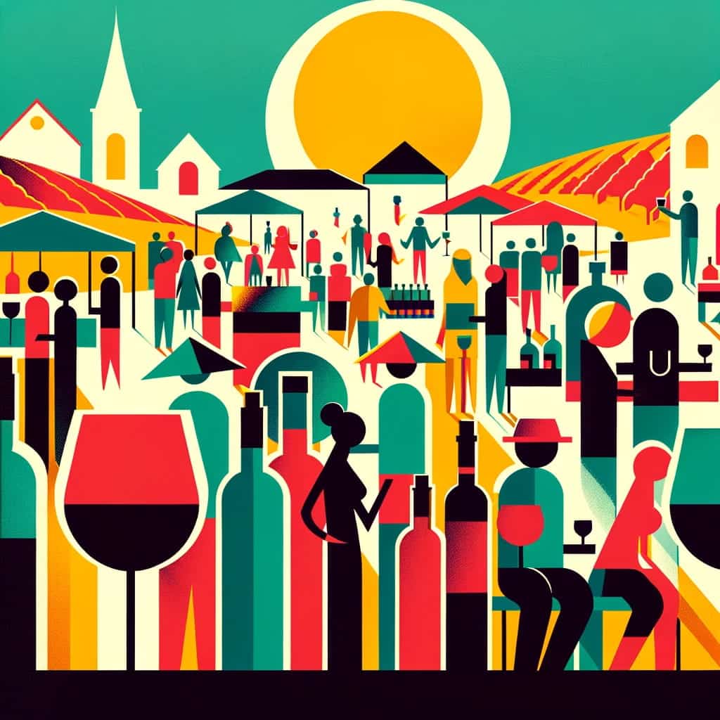 A minimalist depiction of a wine festival in Fredericksburg, showcasing abstract silhouettes of people, wine bottles, and glasses against a backdrop of vineyards, under a sunny sky. The image employs a bold color palette of deep red, green, and yellow, capturing the festival's joyous mood.