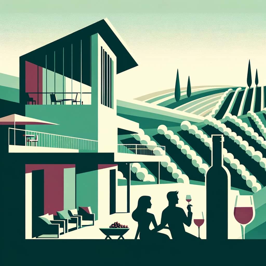 A minimalist, modern illustration of a luxurious hotel in Fredericksburg with a couple enjoying wine on a balcony, overlooking rolling vineyards.
