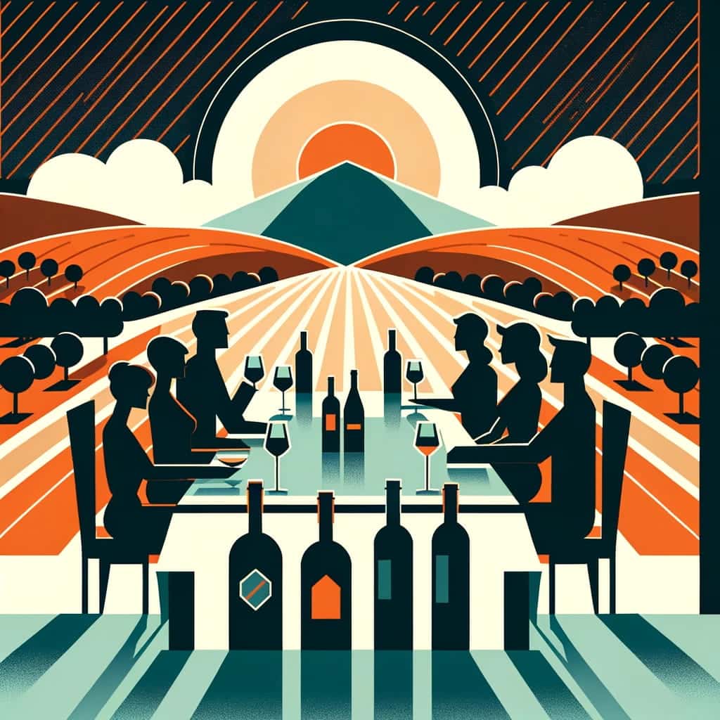 Minimalist illustration of a wine tasting event at an exclusive club in Fredericksburg, featuring silhouettes of people around a table with wine bottles and glasses, set against a geometric vineyard background.
