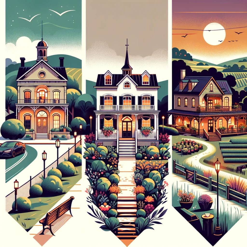 A minimalist illustration featuring three types of Bed & Breakfasts in Fredericksburg: a charming manor on a vibrant street, a romantic cottage in lush gardens, and a rustic inn on a hillside, all depicted in geometric shapes and a limited color palette.