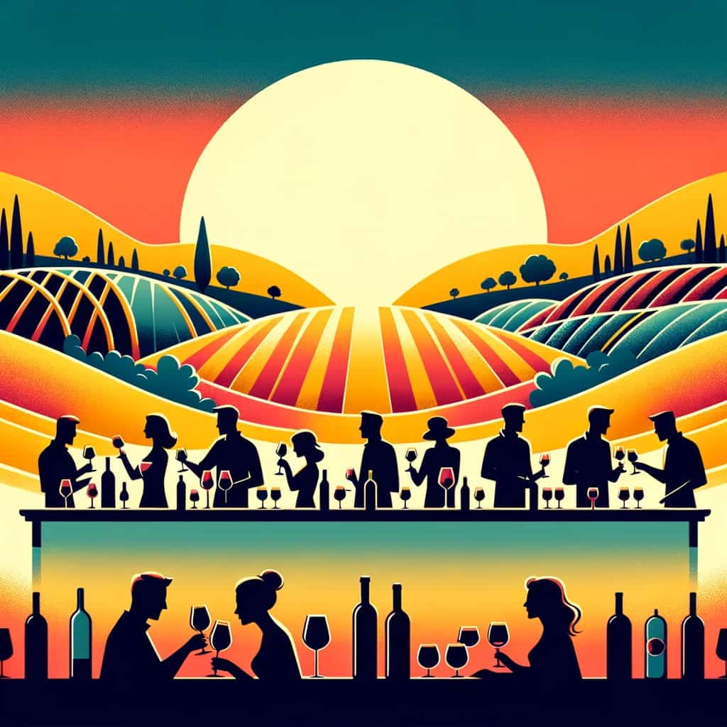 An illustration in a modern, flat, and minimalist style depicting a wine tasting event in Fredericksburg, Texas. Silhouetted figures of people are gathered around a long table, engaging in wine tasting with various glasses and bottles displayed. The background features a stylized Texas Hill Country landscape with rolling hills and vineyards, all under a golden sunset. The color palette is vibrant and harmonious, conveying a sense of community and enjoyment in exploring local and regional wines.