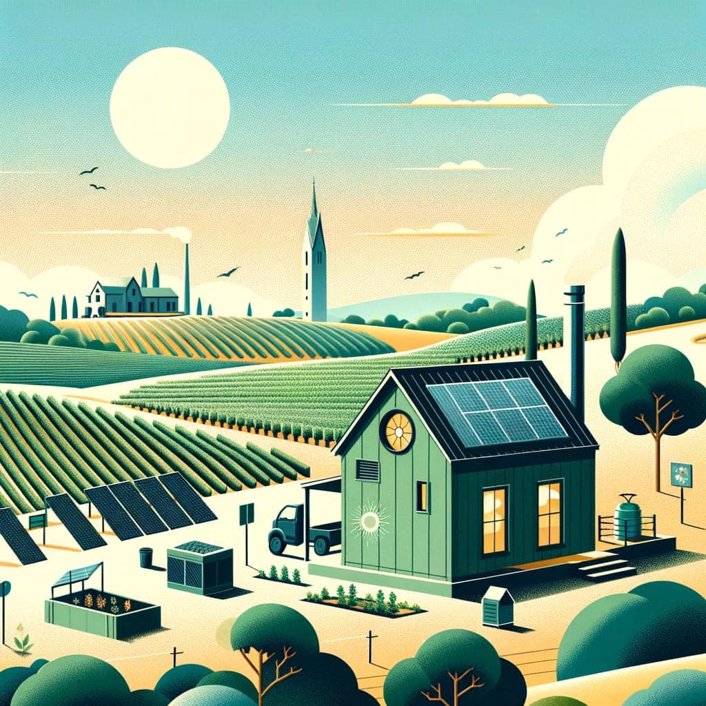 Illustration of a solar-powered cabin with organic gardens in the foreground and a vineyard in the background, symbolizing sustainable living in Fredericksburg, Texas.