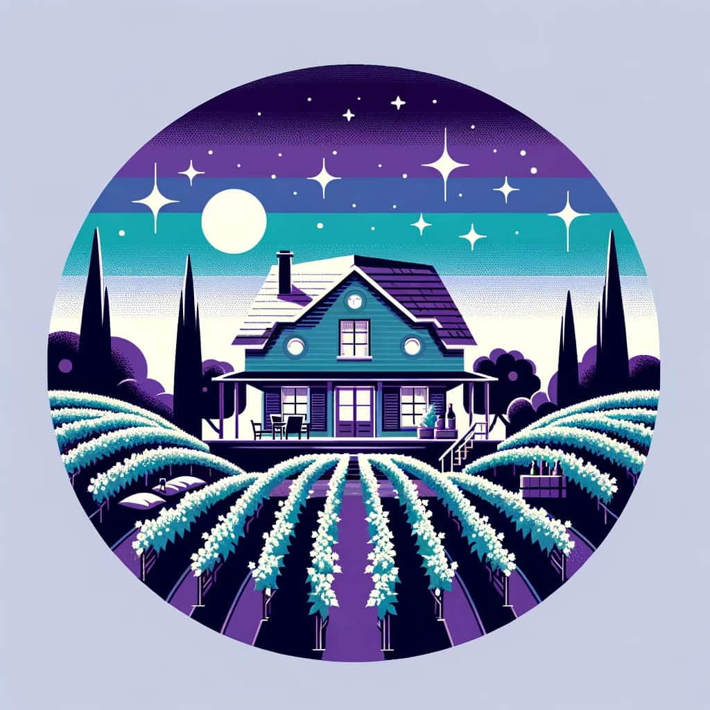 A flat, minimalist illustration of a cozy accommodation amidst vineyards under a starry night sky in Fredericksburg, Texas, using a palette of purples, greens, and blues.