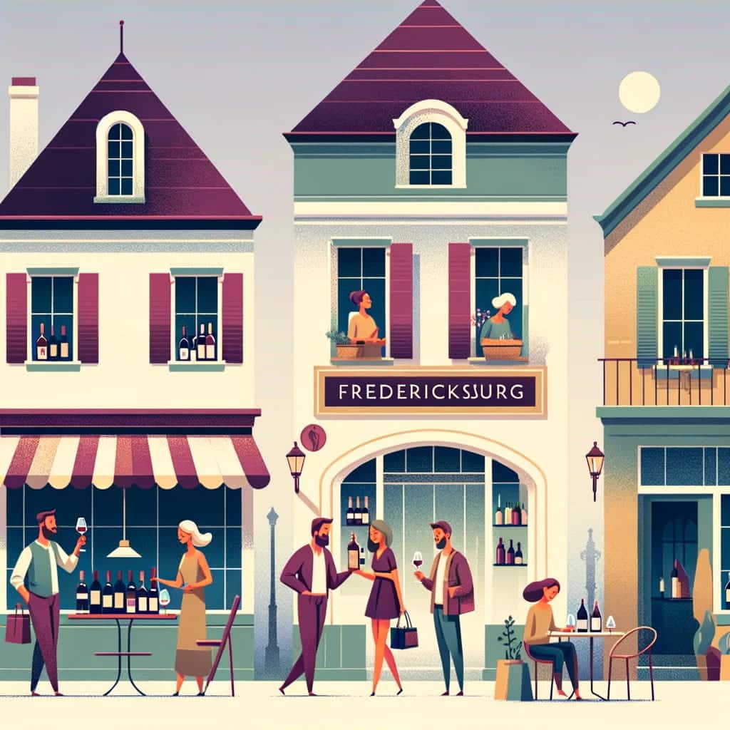 A serene street in Fredericksburg lined with wine shops, depicted in a minimalist style with people engaging in wine shopping and discussions, emphasizing a relaxed and enjoyable wine discovery journey.
