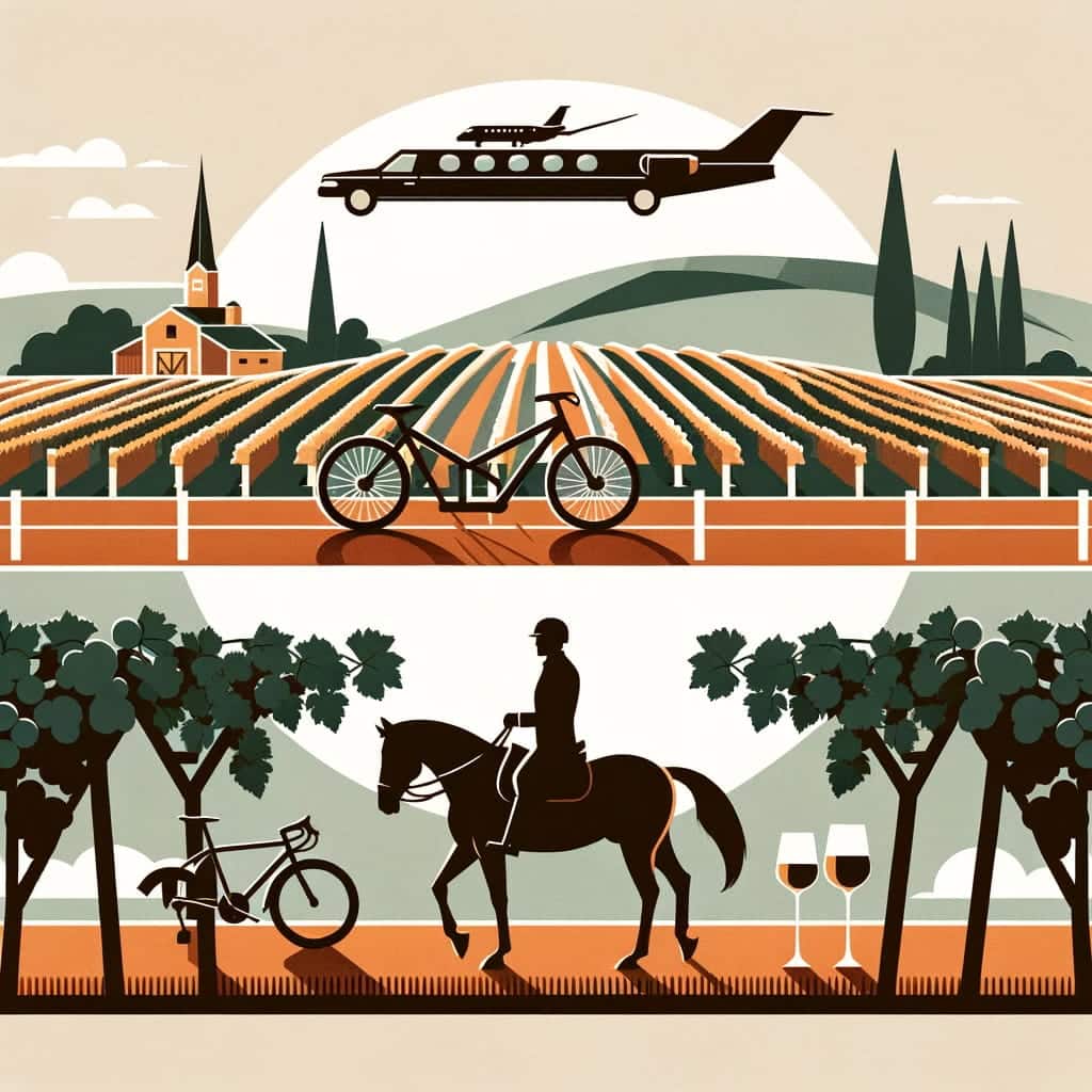 A minimalist design highlighting horseback riding, biking, and luxury limousine tours in a Fredericksburg vineyard, using geometric shapes and vibrant colors.