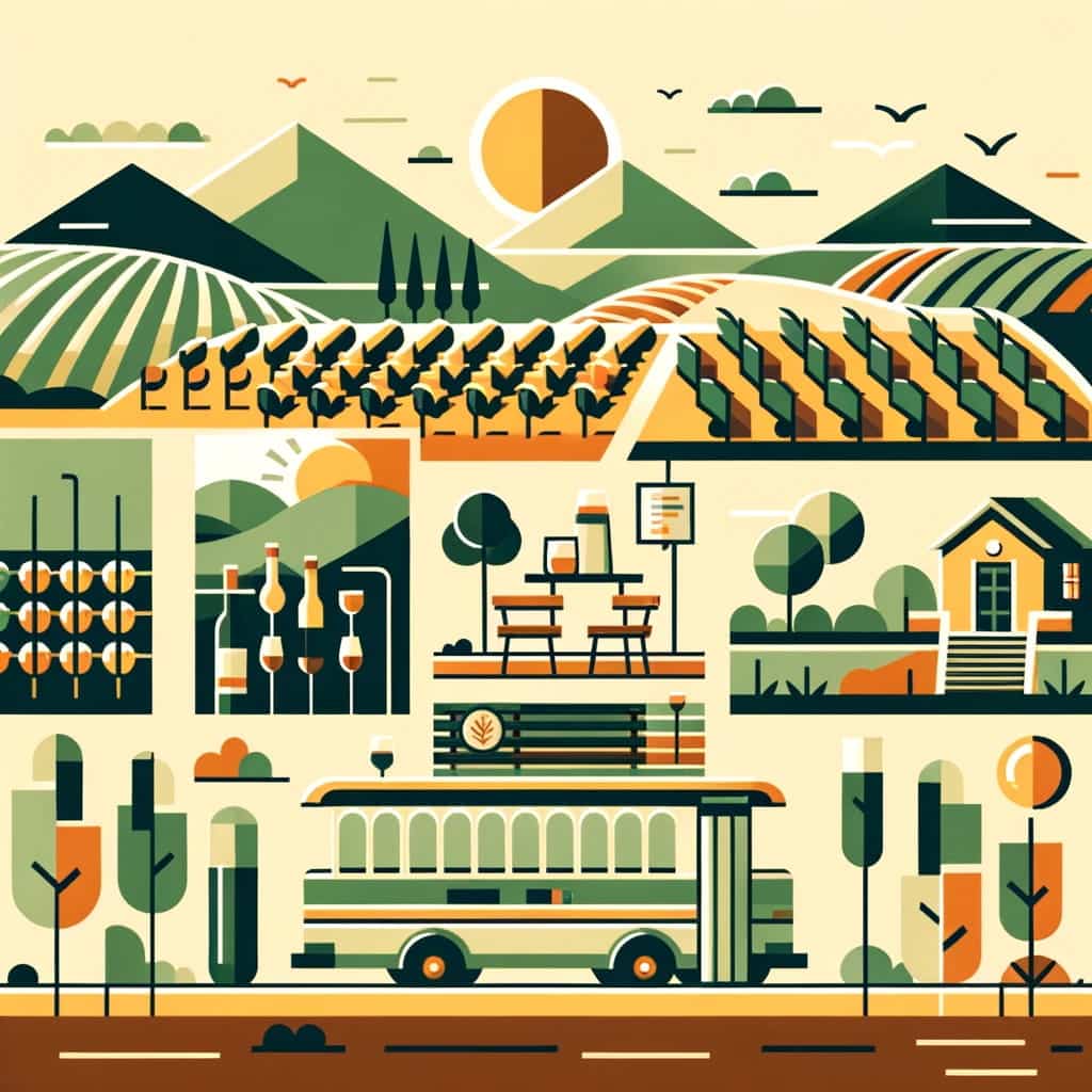 A minimalist representation of Fredericksburg's wine adventure, featuring vineyards, a tasting room, and the wine shuttle, all set against rolling hills.