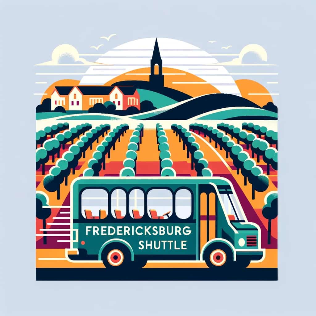 A minimalist depiction of the Fredericksburg Wine Shuttle, vibrant against a backdrop of geometric vineyards and Texas Hill Country.