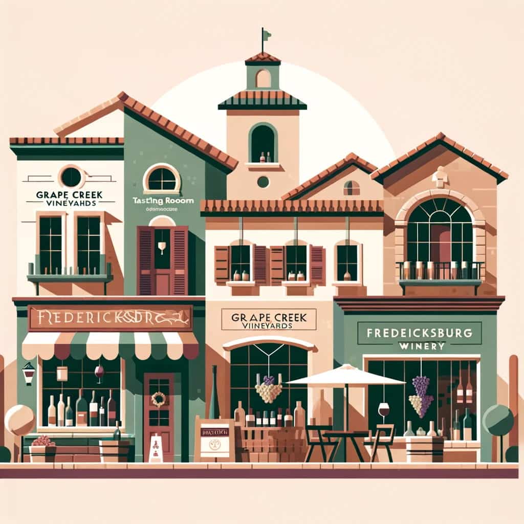 A collection of wine shops in Fredericksburg depicted in a minimalist, flat design, featuring Tuscan-inspired and cozy family-owned storefronts, along with an outdoor Weingarten, all in a palette of deep reds, greens, and earth tones.