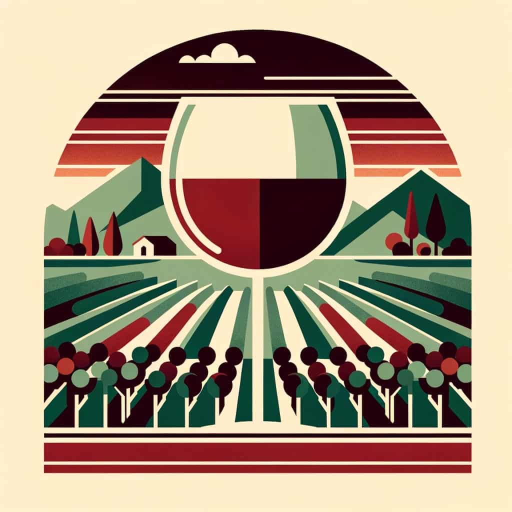 A minimalist depiction of a wine glass filled with red wine, set against a simplified vineyard background, embodying the wine tasting experience in Fredericksburg.