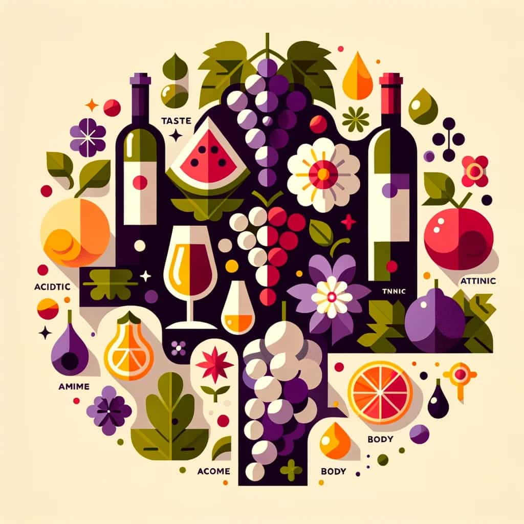 A minimalist depiction of the diversity of wine flavors and aromas with grapes, wine bottles, and abstract symbols for taste and aroma descriptors, in a colorful, geometric design highlighting Fredericksburg's wine culture.
