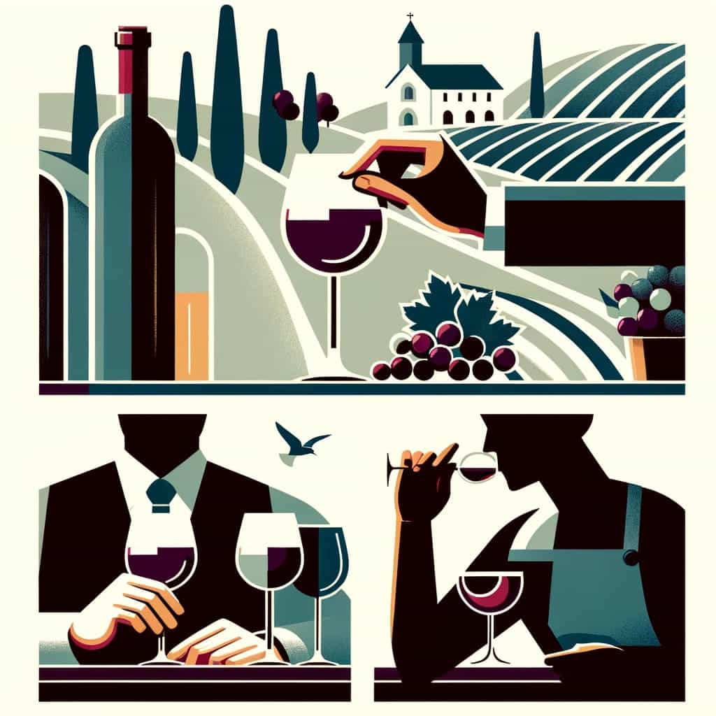 Minimalist depiction of wine tasting etiquettes with hands holding and swirling wine glasses, and a figure sniffing wine, against a backdrop of Fredericksburg vineyards in bold, solid colors.