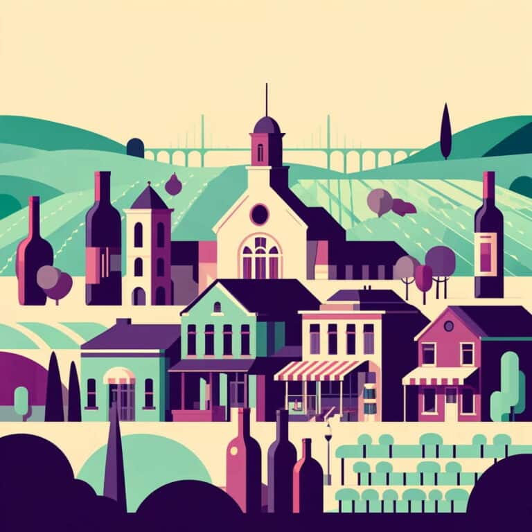 A flat design landscape of Fredericksburg, showcasing its wine culture with historic buildings, vineyards, and wine bottles, in purples, greens, and earth tones.