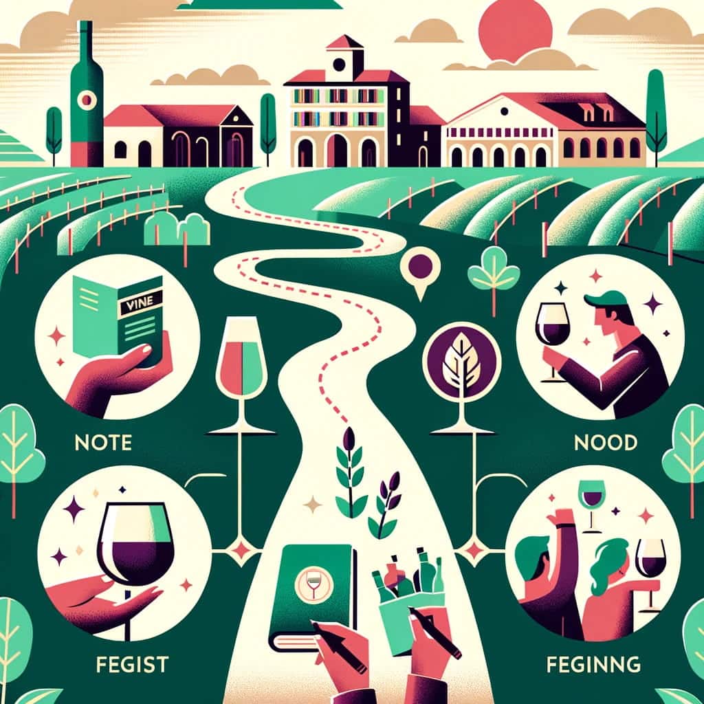 A minimalist journey through wine tasting in Fredericksburg, with icons for etiquette, notes, food, and celebration, set against a backdrop of vineyards and historic buildings, in a clean, geometric design.