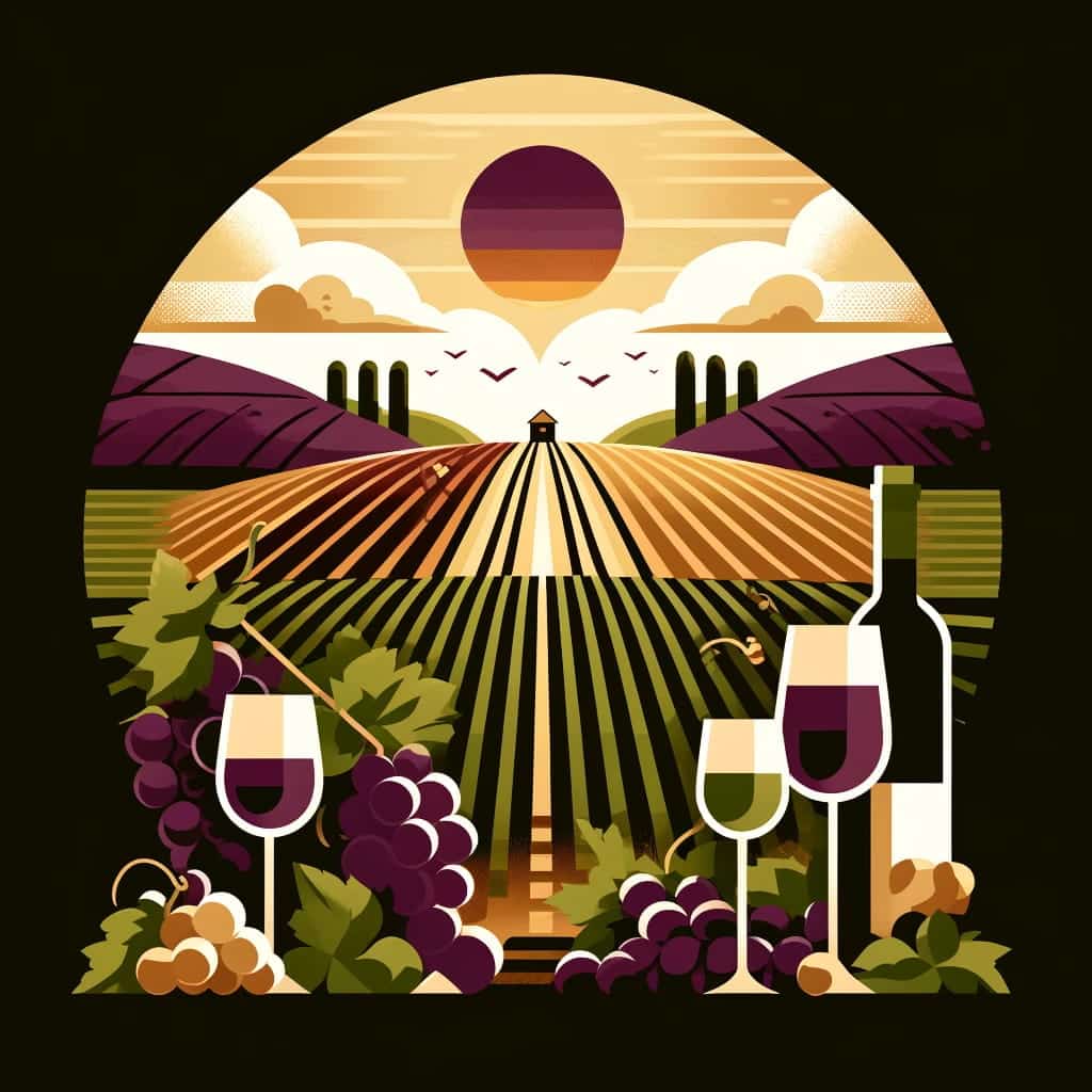 A minimalist vineyard landscape depicting the essence of Fredericksburg's local wines, with grape vines, wine bottles, and glasses in a warm palette of purple, green, and gold.