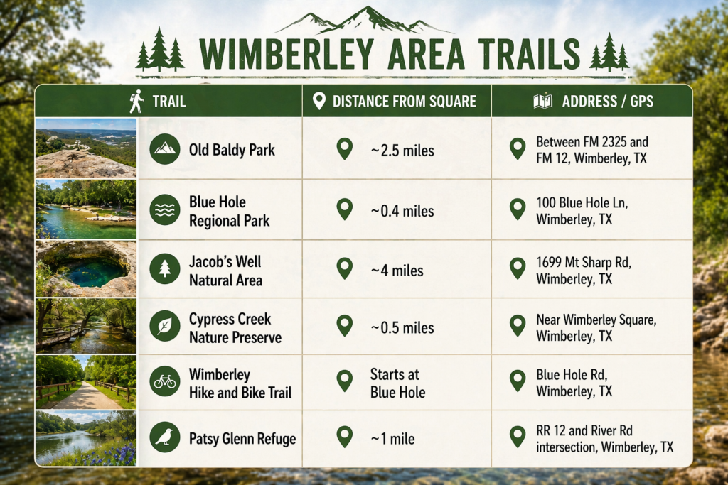 Distance From Wimberley Square To Each Trailhead