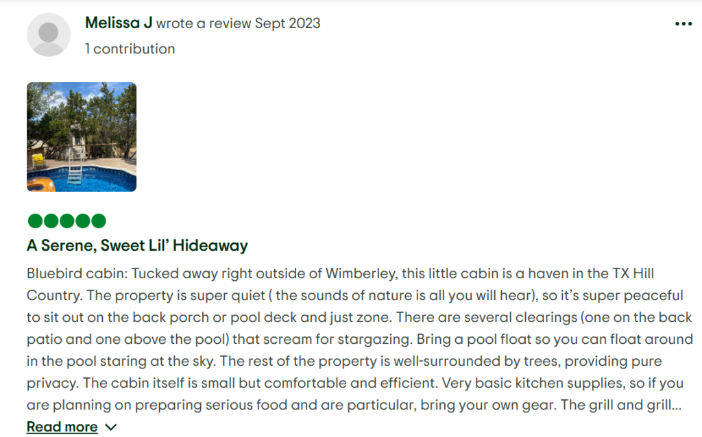 https://www.tripadvisor.com/Hotel_Review-g56901-d16774393-Reviews-Birdsong_Cabins-Wimberley_Texas.html