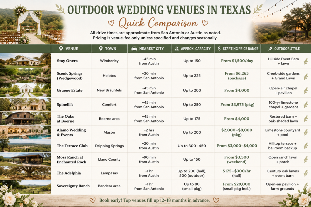 Outdoor Wedding Venues in Texas: Quick Comparison