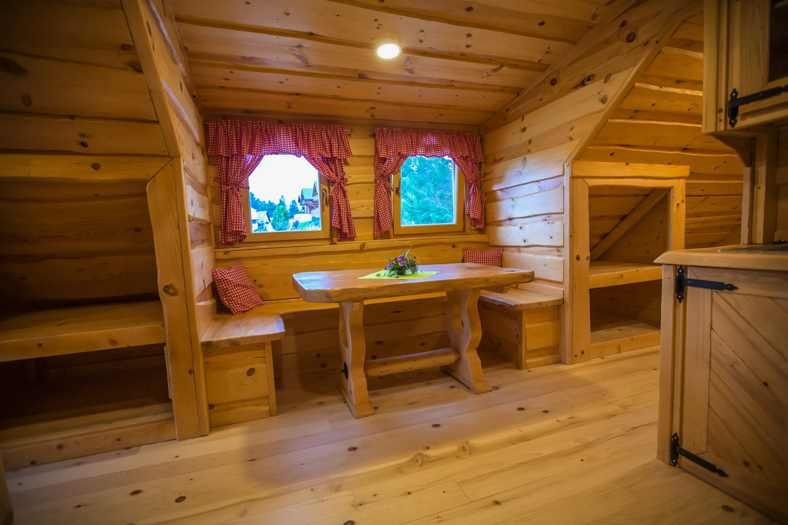 Interior of a log cabin accommodation for special event