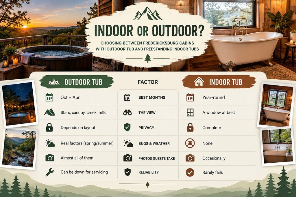 Indoor or Outdoor? Choosing Between Fredericksburg Cabins with Outdoor Tub and Freestanding Indoor Tubs